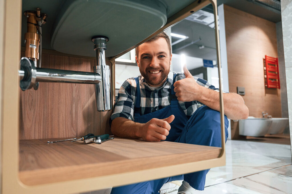 Showing thumb up and smiling. Plumber in blue uniform is at work in the bathroom indicating Memphis plumbing problem solved.